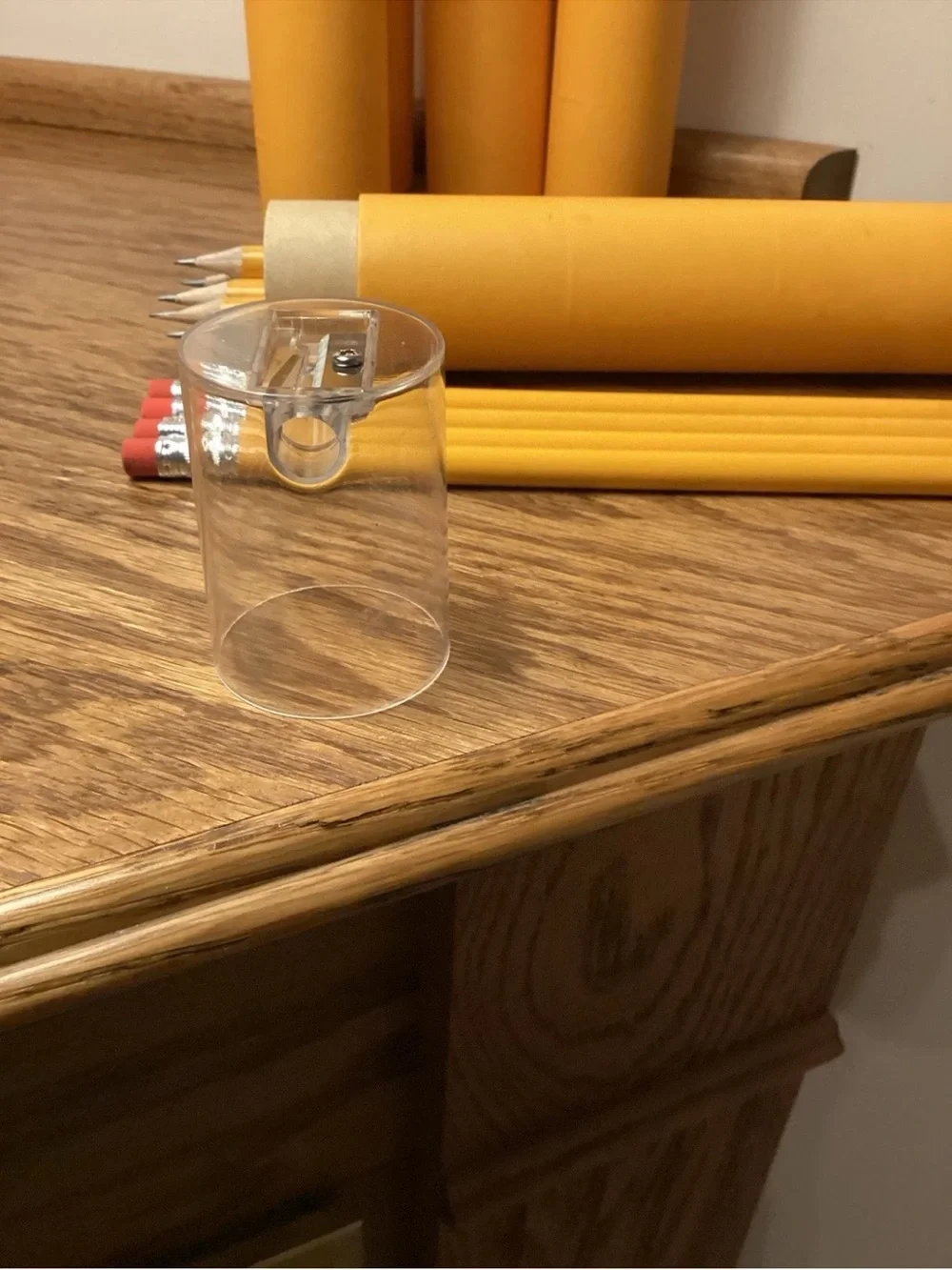 Yellow Wood Pencil Set in Cylindrical Tube with pencil sharpener On Top